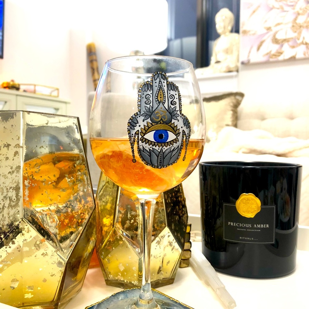 Customizable spiritual wine glass, hand painted